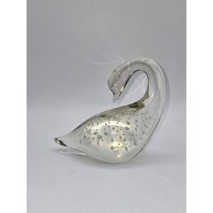 I.W. Rice & Co Art Glass Swan Controlled Bubble Clear Mid Century Decor 5"